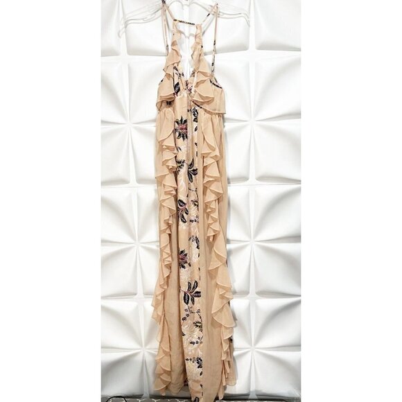 TJD The Jetset Diaries Sz S Beige Ruffled Floral Print Long Maxi Dress V Neck - Picture 14 of 16